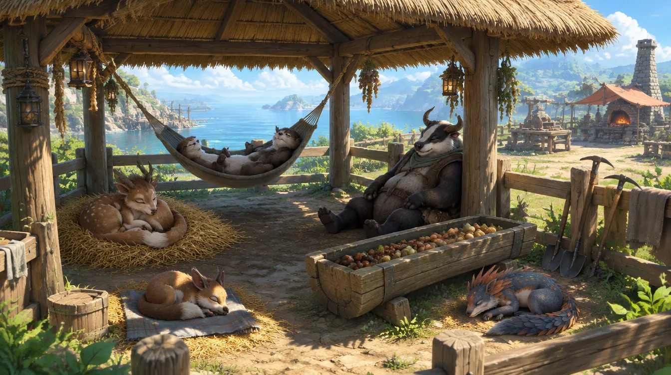 Paviliun beratap jerami tempat lima Kith tidur siang di jerami dan tempat tidur gantung, di samping palung makan yang terisi
